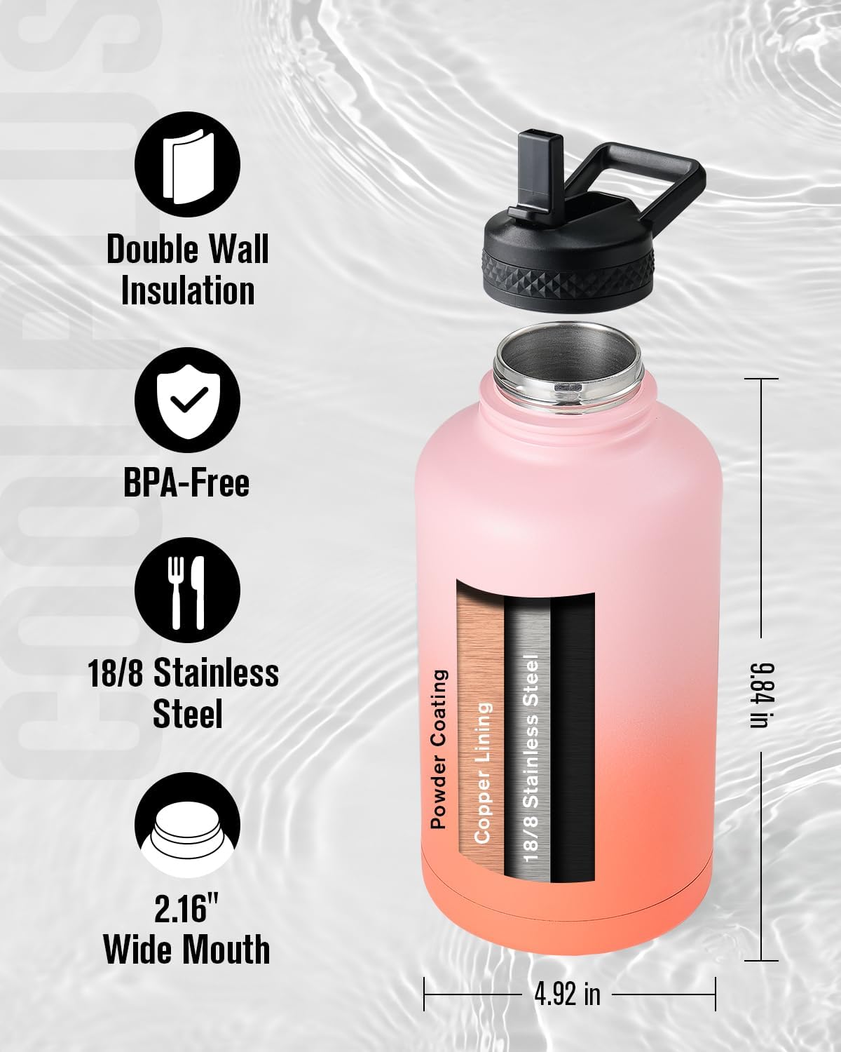 64 oz Stainless Steel Water Bottle With Sleeve