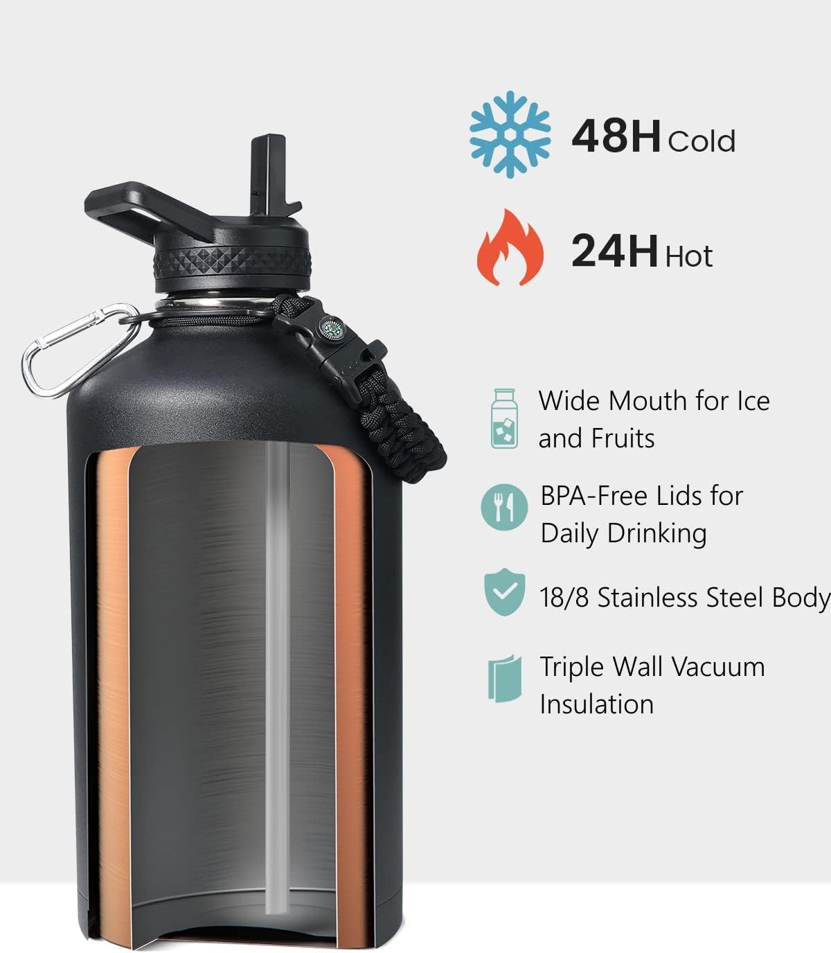 128 oz Insulated Water Bottle with Paracord
