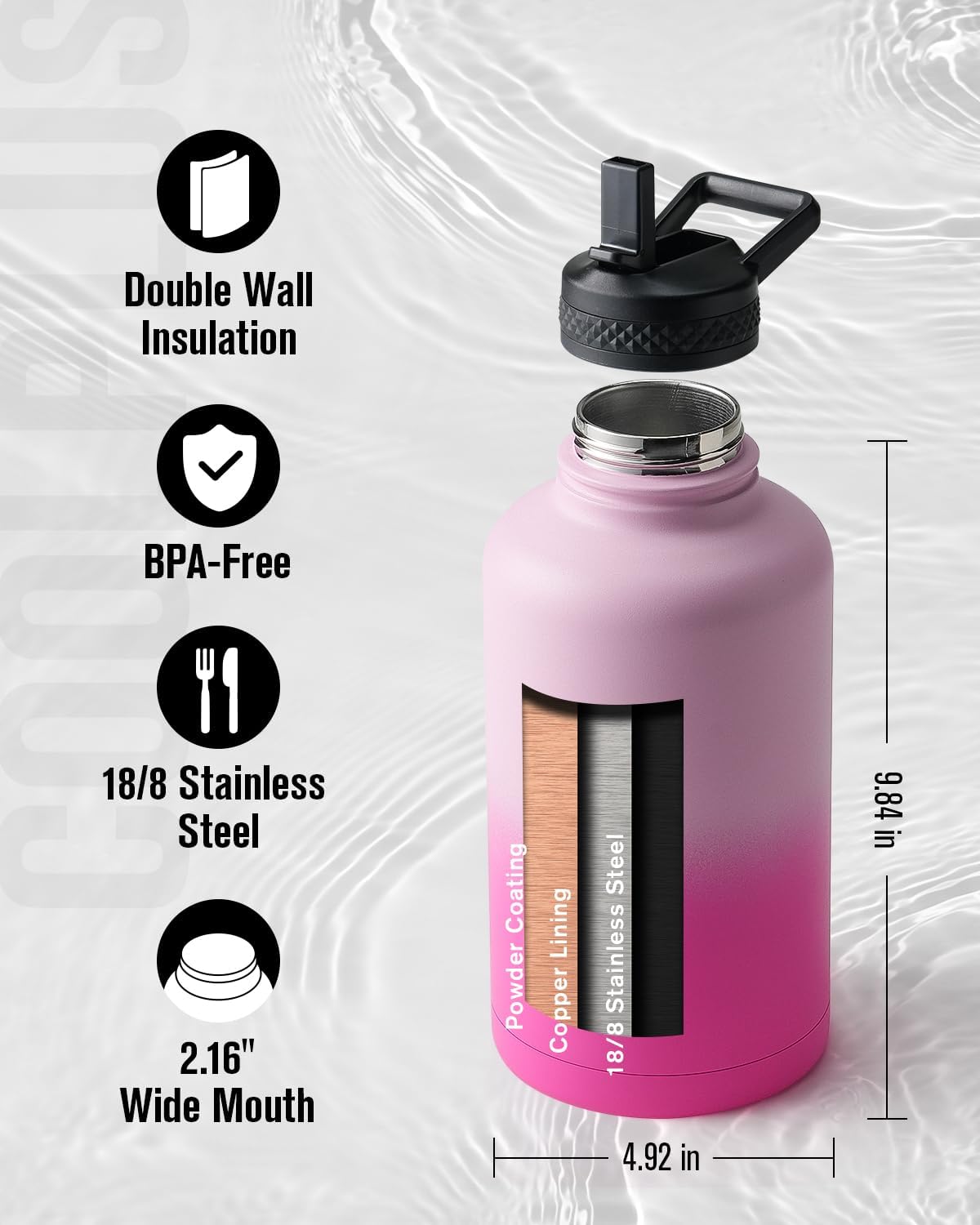 64 oz Stainless Steel Water Bottle With Sleeve