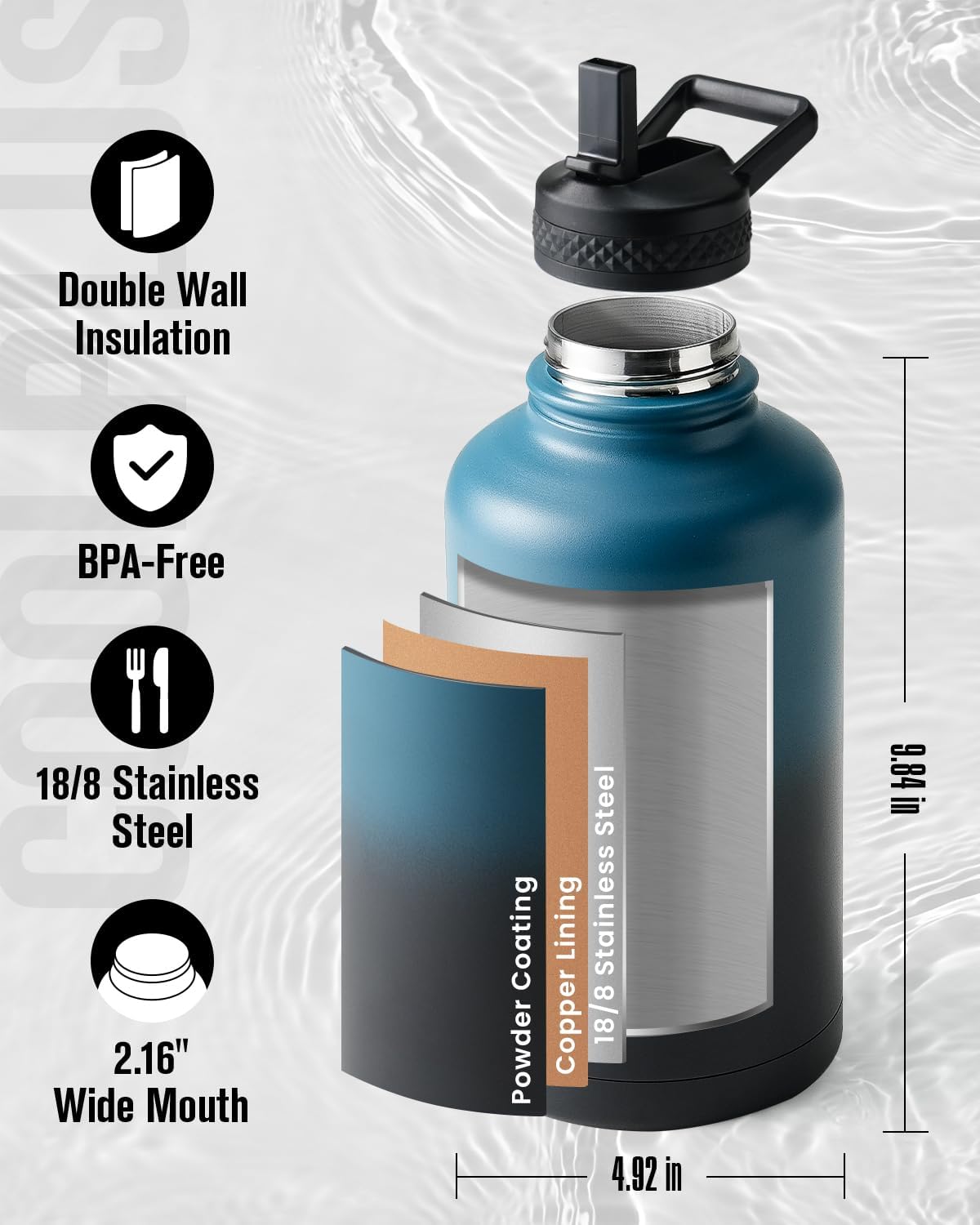 64 oz Insulated Water Bottle With Straw