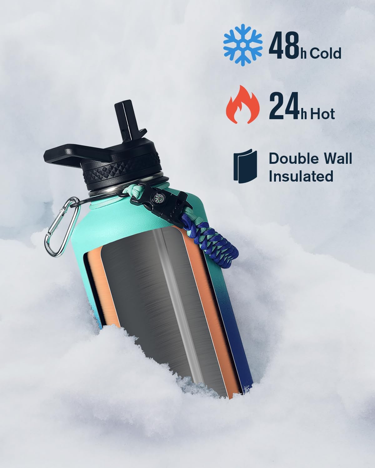 64 oz Insulated Water Bottle with Paracord
