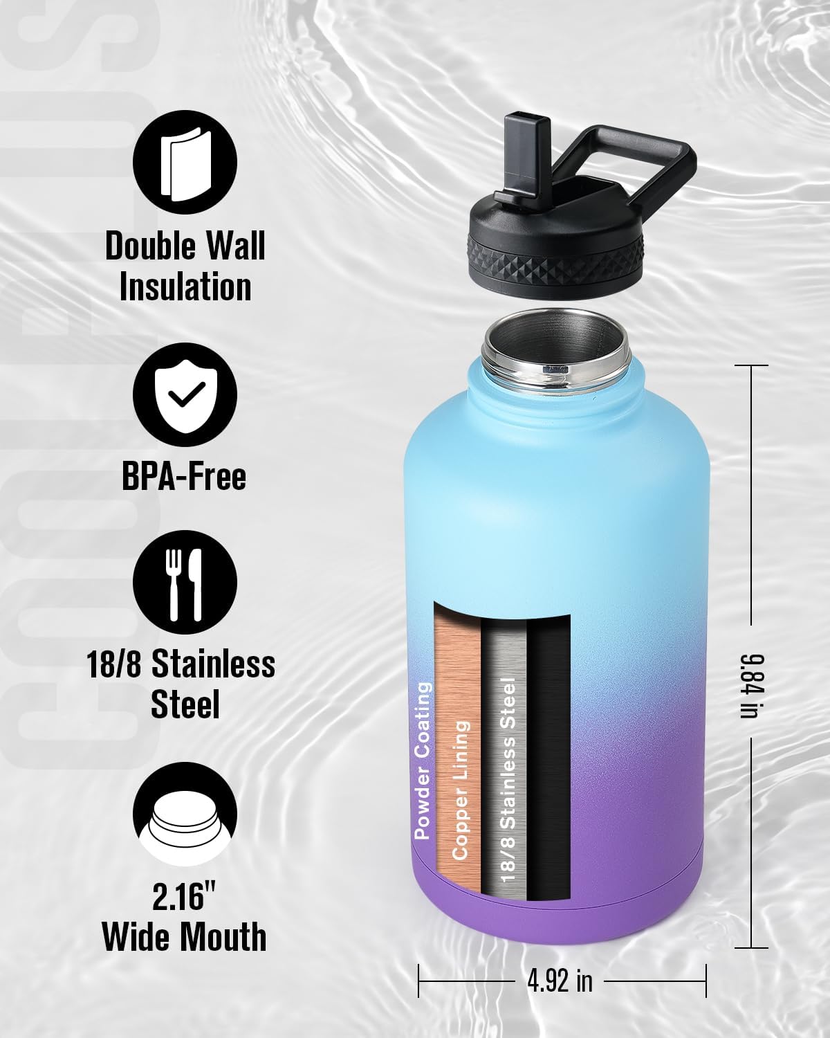 64 oz Stainless Steel Water Bottle With Sleeve